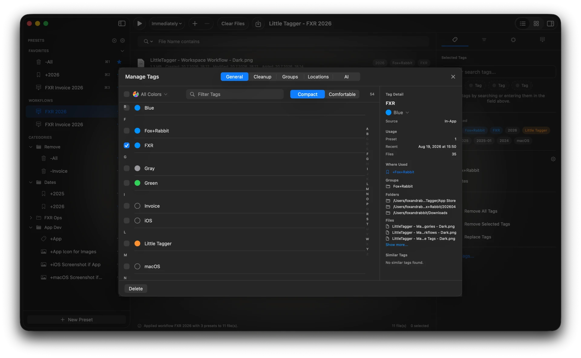 Manage Tags in Little Tagger showing the full Finder tag library with usage counts and the tag detail inspector.