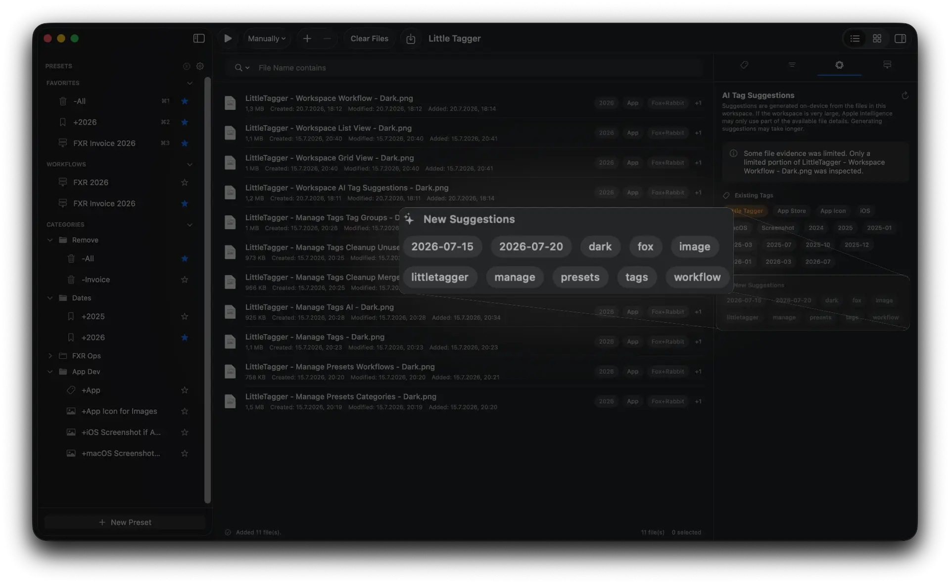 Tag suggestions panel in Little Tagger showing suggested tags for the files in the workspace, each one selectable.