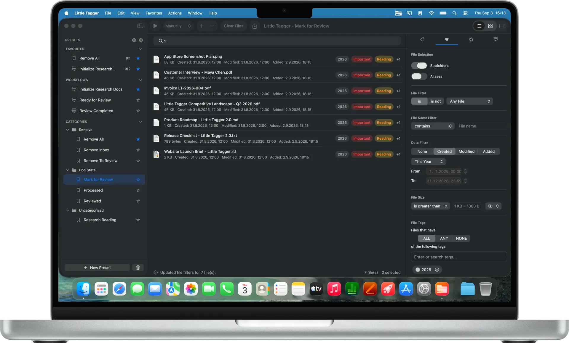 Little Tagger workspace showing research files in a list with the filter inspector open on the right.