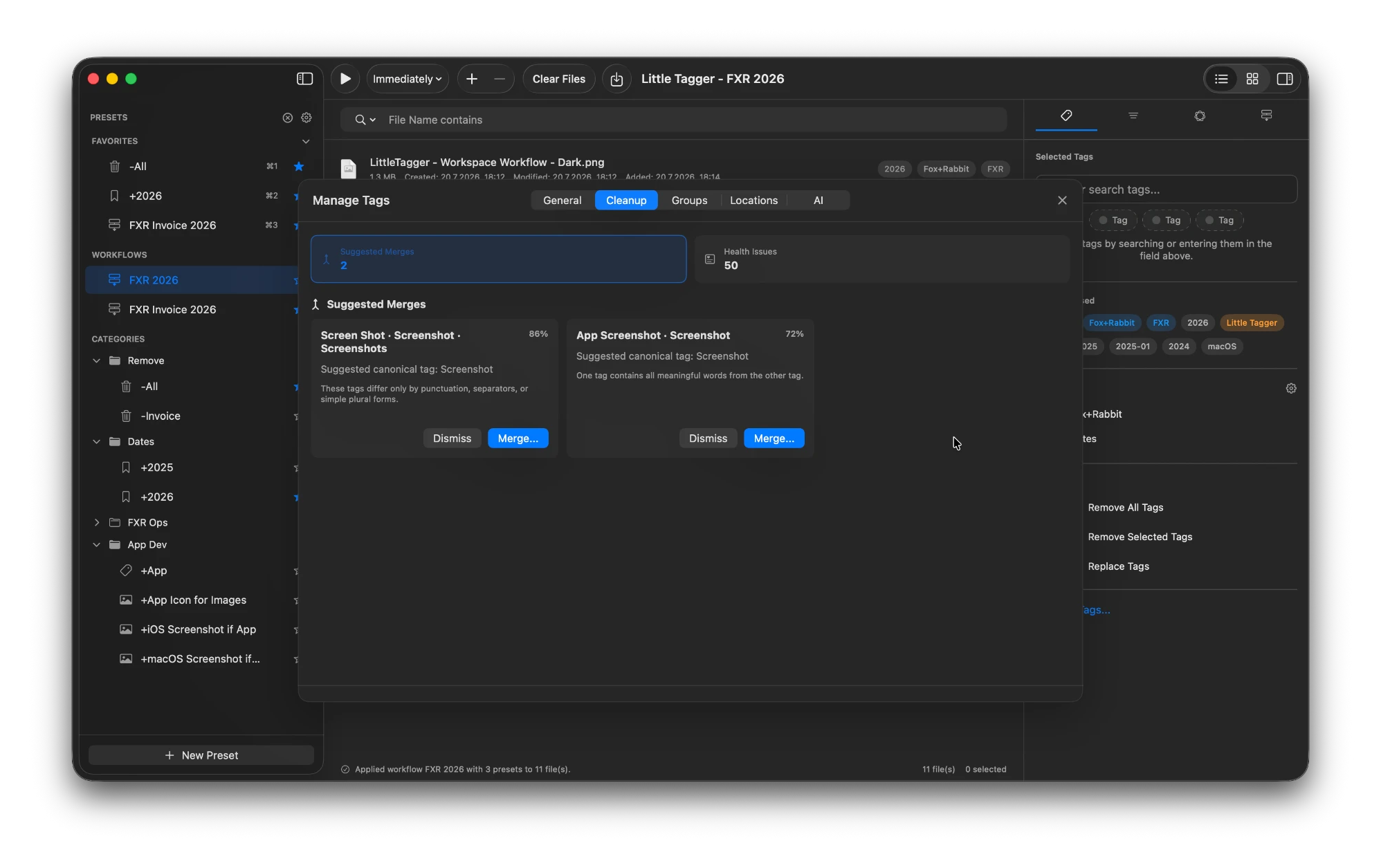 Merging similar Finder tags in Little Tagger after reviewing the proposed merge.