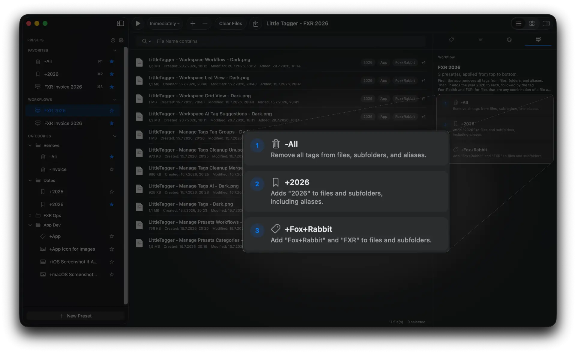 Little Tagger workspace with a workflow open, showing its ordered presets running from top to bottom.